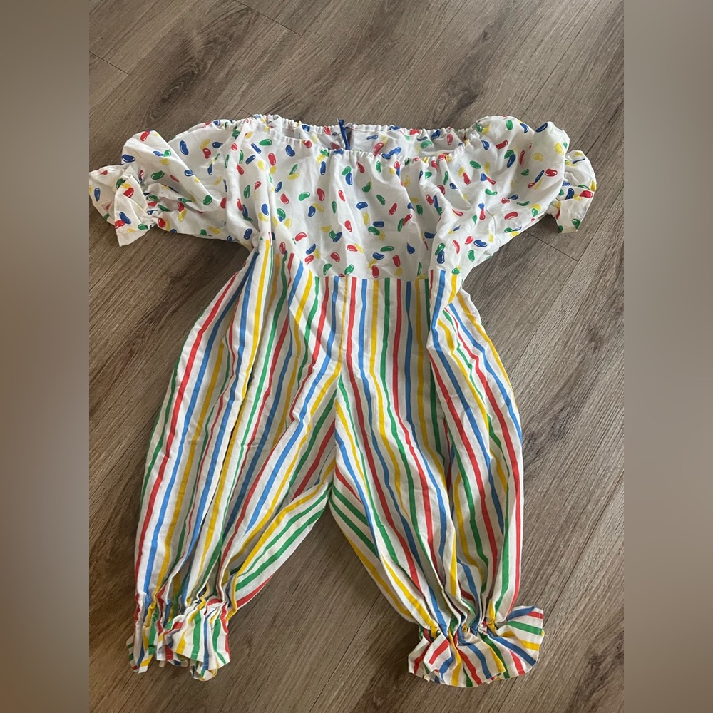 Vintage Handmade Child Clown Suit Halloween Costume Ruffled Pom Poms Sz 4T-8Yrs